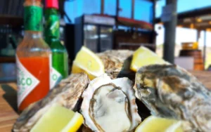 Fresh Oysters with lemons and tabasco sauce at Oysters R Us, best seafood restaurant in Wilderness.